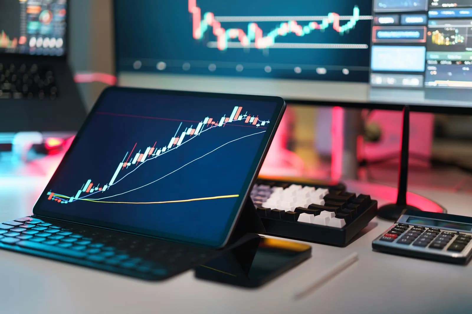 A comprehensive setup featuring digital trading platforms with charts and graphs for financial analysis.
