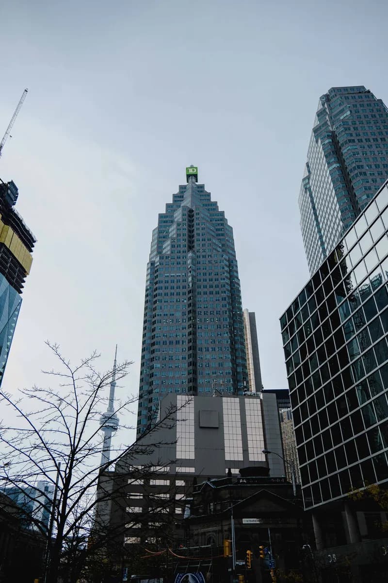 A view of Toronto's financial district with iconic skyscrapers including the CN Tower