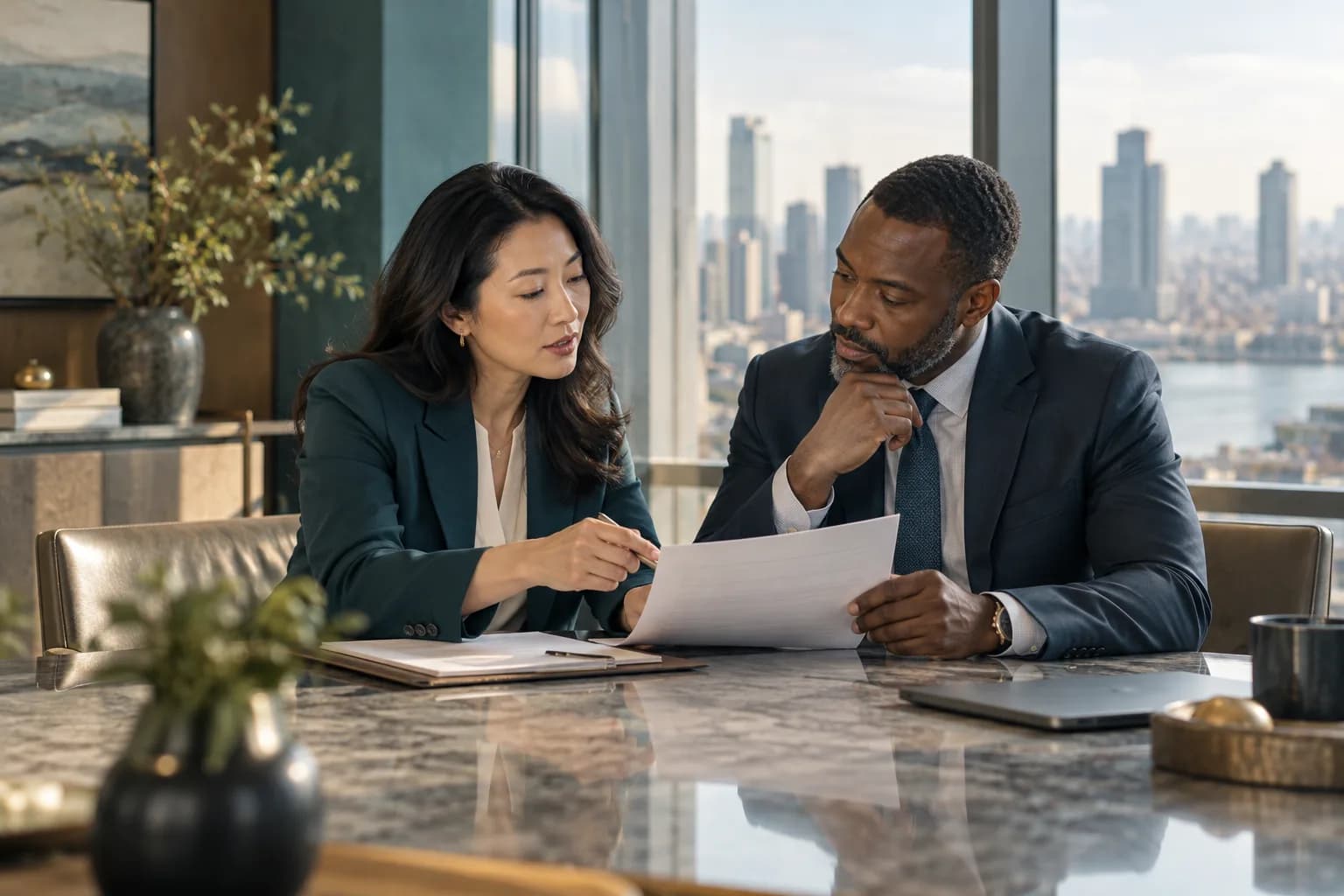 Two professionals discussing a document in a bright office