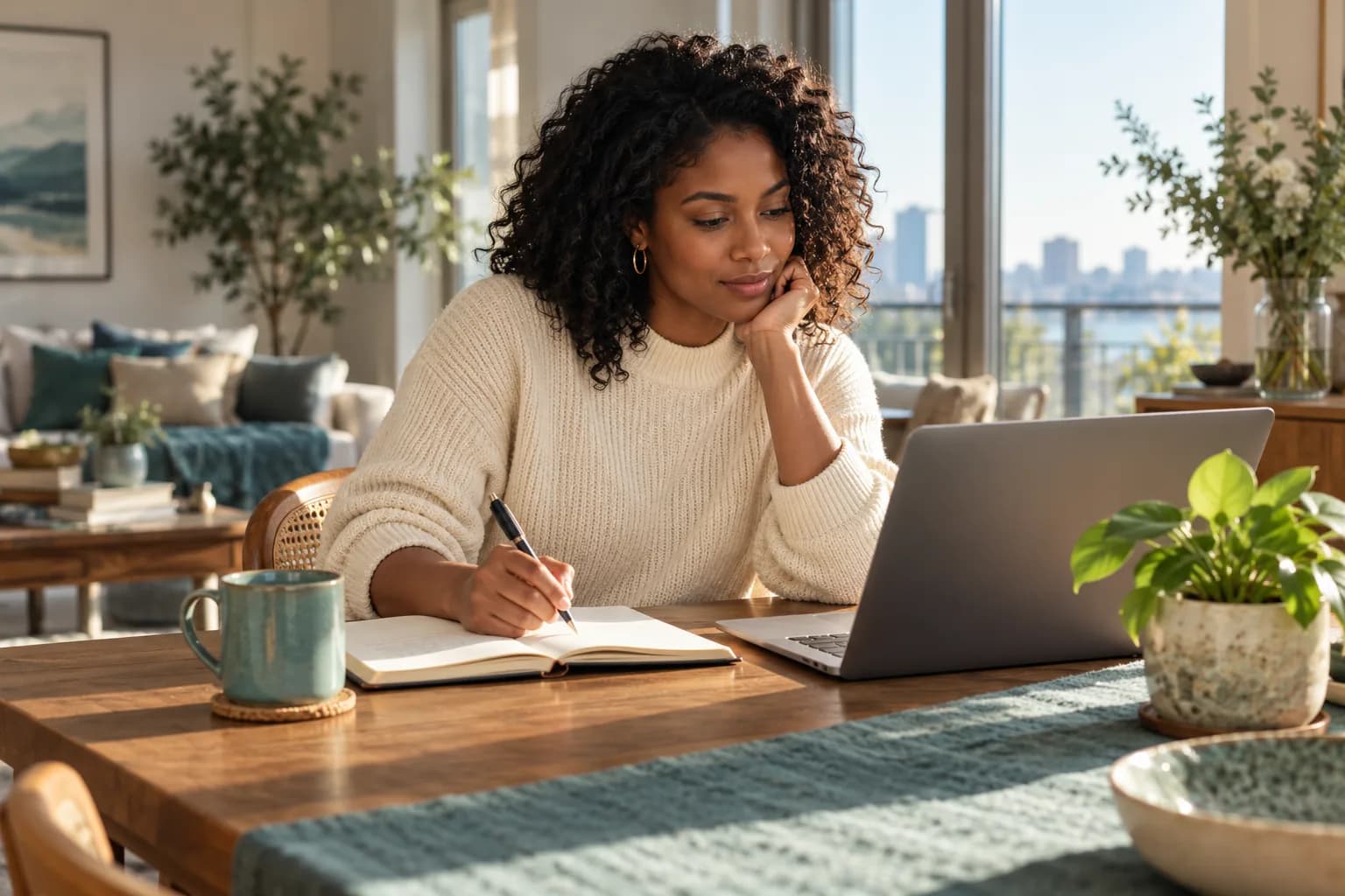 A woman reviewing her finances at her dining table