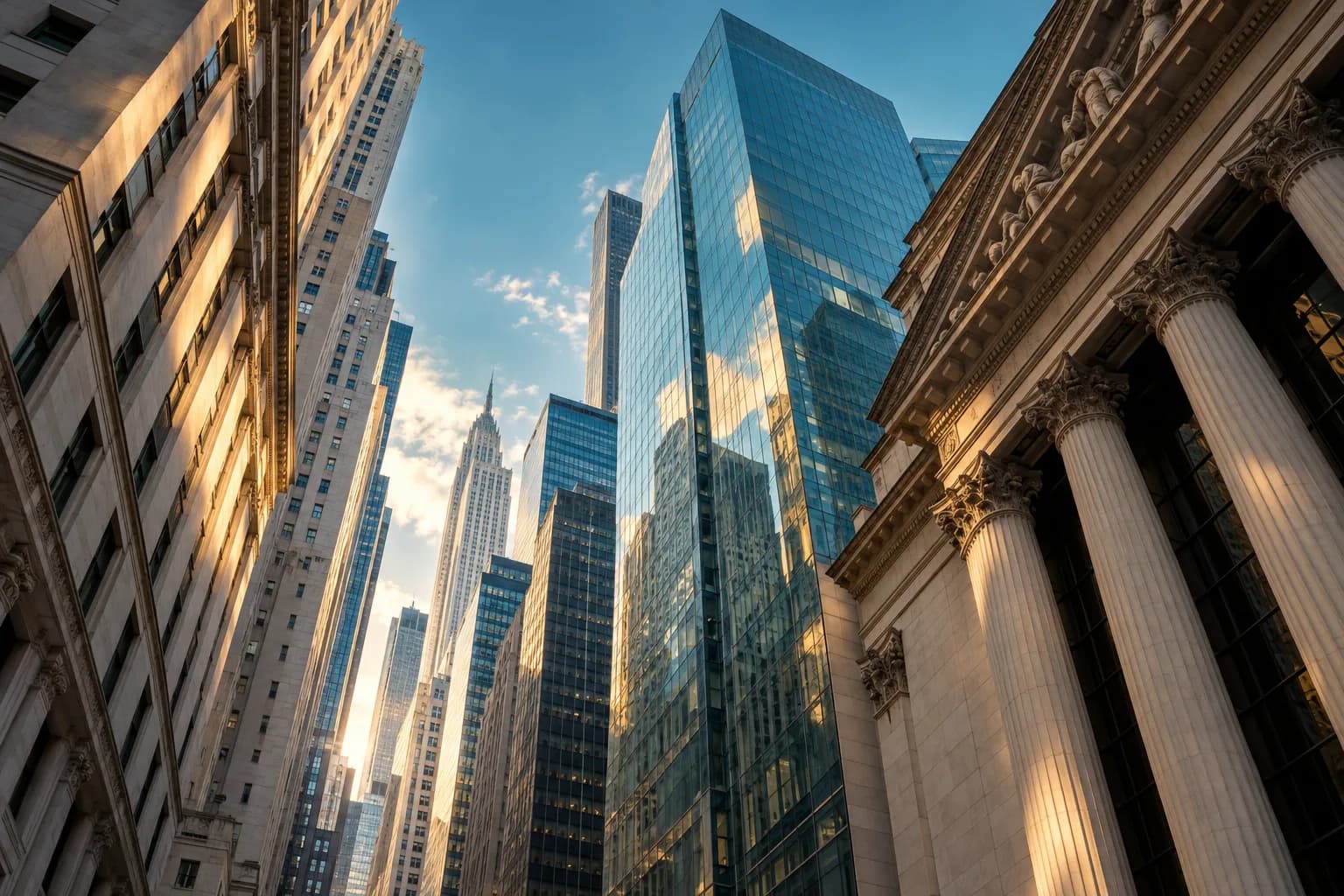 Morning light between the skyscrapers of New York’s financial district