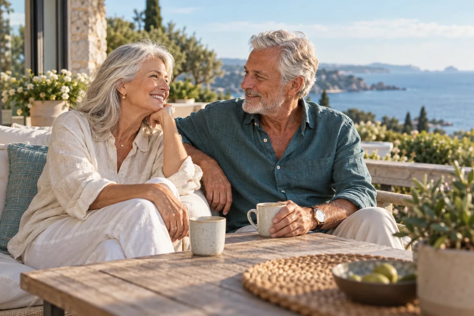 An older couple enjoying a quiet morning together on a coastal terrace