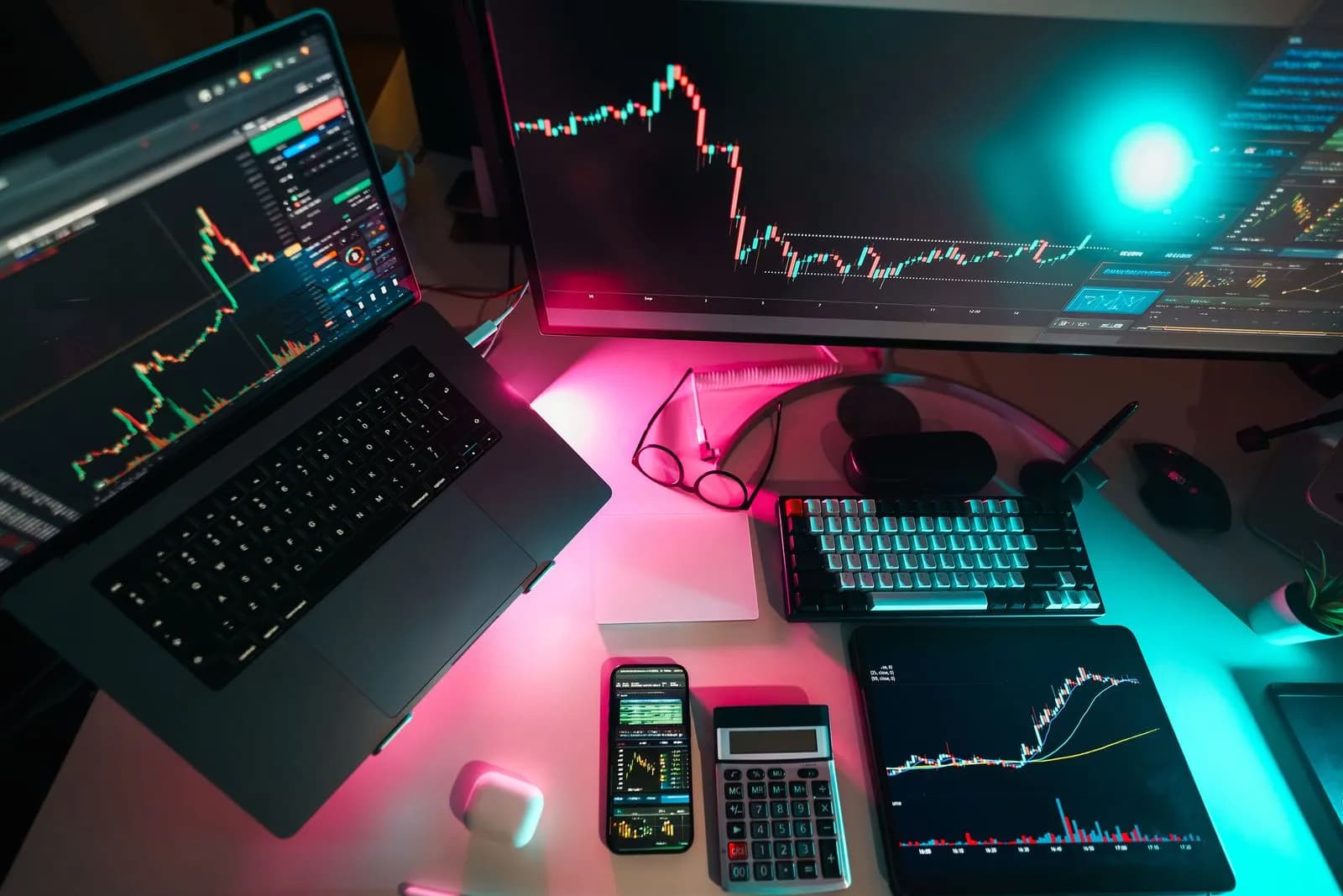 High-tech trading setup featuring digital charts on multiple devices, ideal for finance professionals